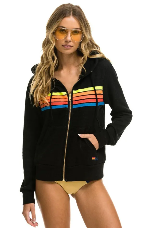 5 STRIPE HOODIE 8211 BLACK NEON RAINBOW Women Aviator Nation Hoodies
