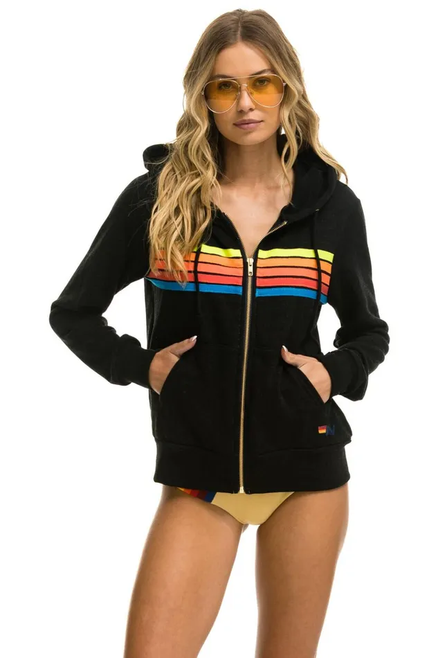 5 STRIPE HOODIE 8211 BLACK NEON RAINBOW Women Aviator Nation Hoodies