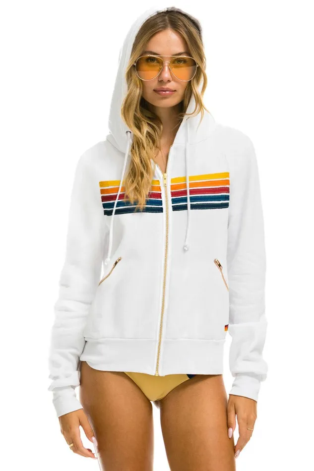 5 STRIPE ZIP HOODIE W ZIP POCKETS 8211 WHITE Women Aviator Nation Hoodies