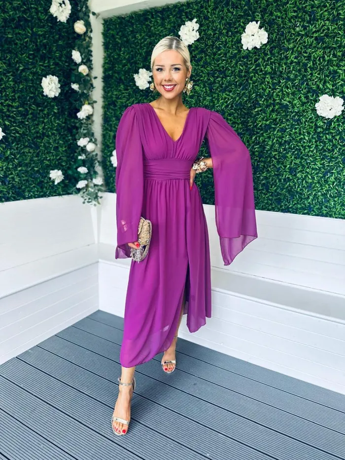 Alannah Cape Detail Midi Dress Berry Womens Canella Lane Midi
