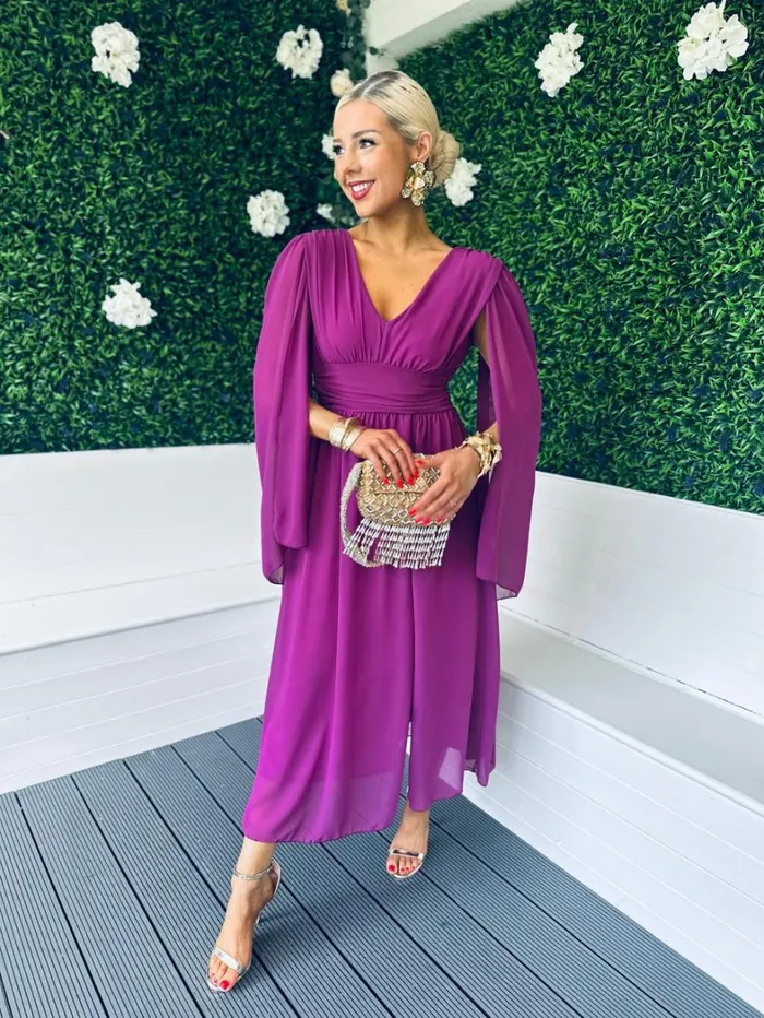 Alannah Cape Detail Midi Dress Berry Womens Canella Lane Midi