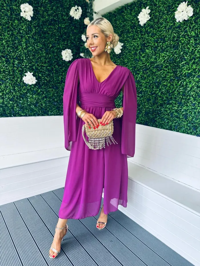 Alannah Cape Detail Midi Dress Berry Womens Canella Lane Midi