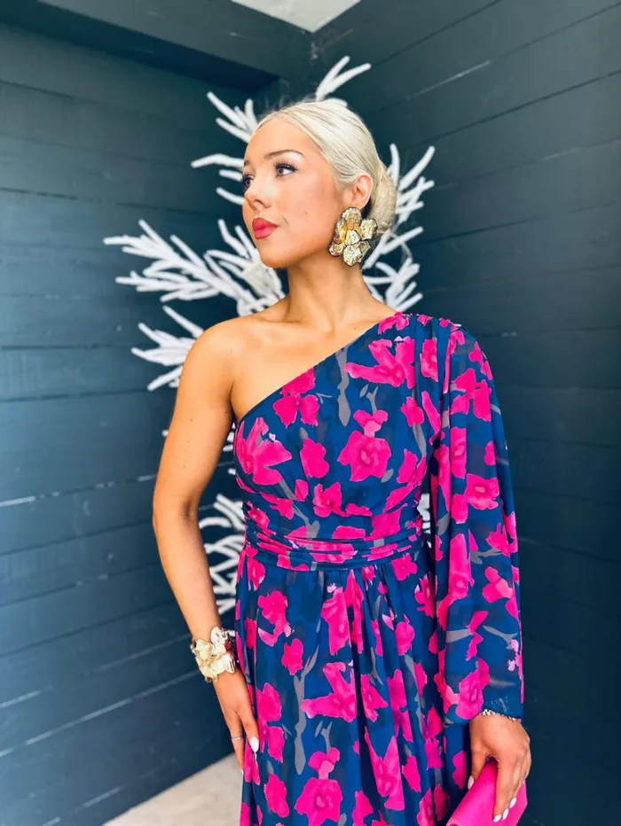 Ashton Cape Detail Midi Dress Teal Floral Womens Canella Lane Evening Dress