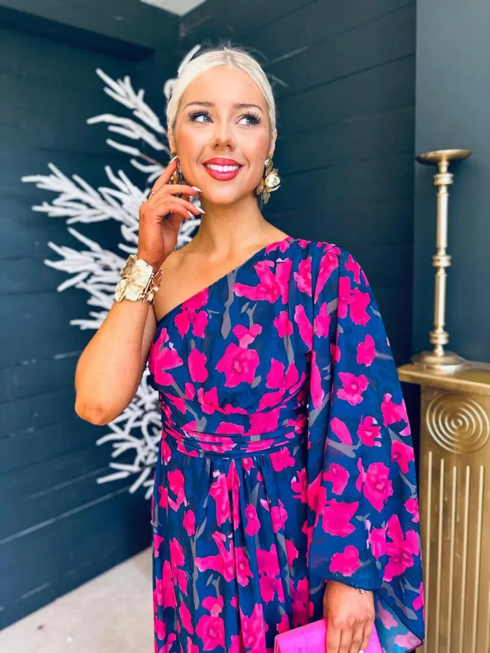 Ashton Cape Detail Midi Dress Teal Floral Womens Canella Lane Evening Dress