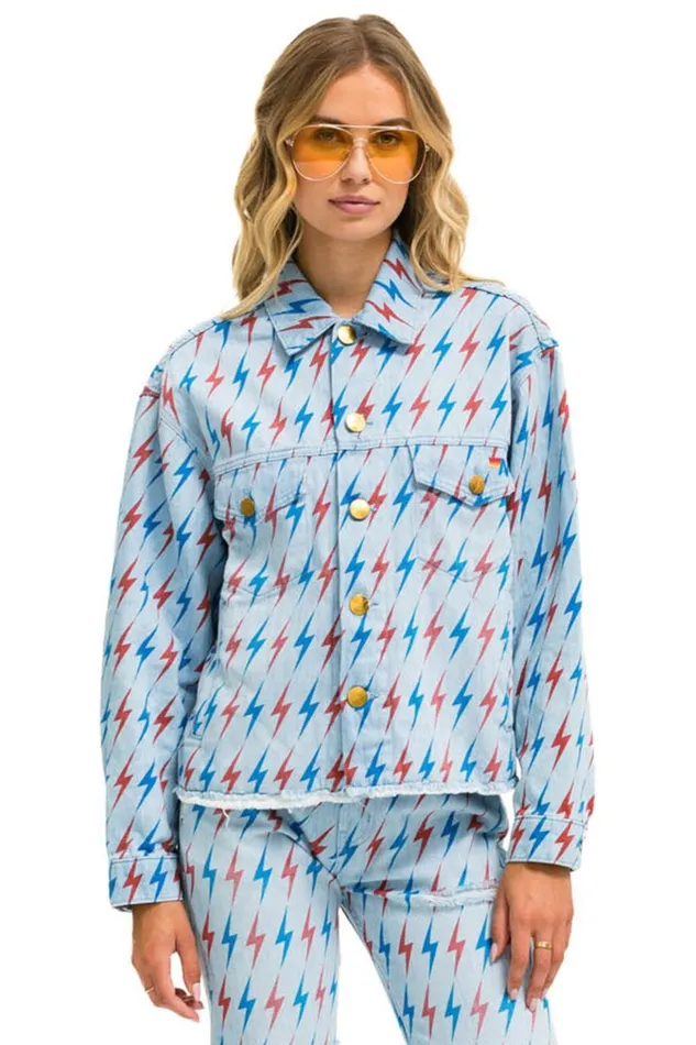 AVIATOR BOLT OVERSIZED CUTOFF DENIM JACKET 8211 SUPER LIGHT WomenMen Aviator Nation Denim AVIATOR BOLT OVERSIZED CUTOFF DENIM JACKET 8211 SUPER LIGHT WomenMen Aviator Nation Denim