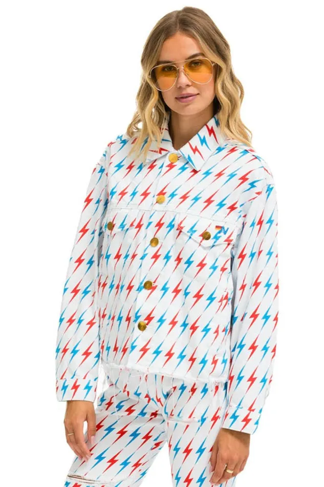 AVIATOR BOLT OVERSIZED CUTOFF DENIM JACKET 8211 WHITE WomenMen Aviator Nation Denim Jackets