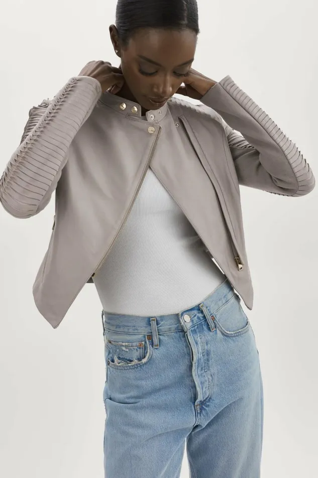Azra Leather Biker Jacket Ash Grey Women Lamarque LEATHER JACKETS