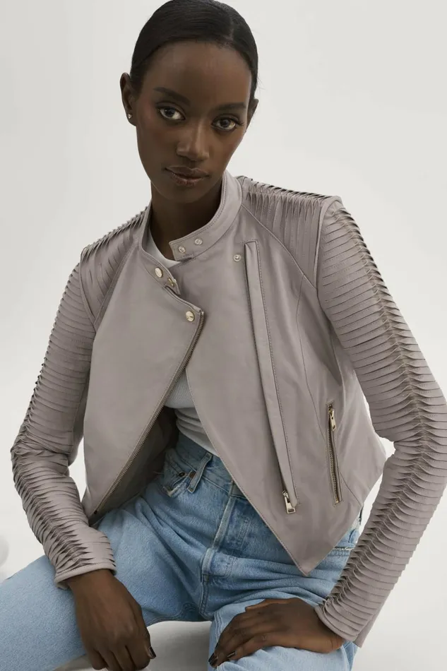 Azra Leather Biker Jacket Ash Grey Women Lamarque LEATHER JACKETS