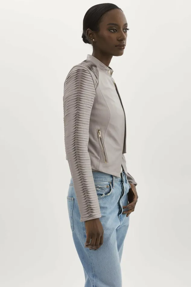 Azra Leather Biker Jacket Ash Grey Women Lamarque LEATHER JACKETS