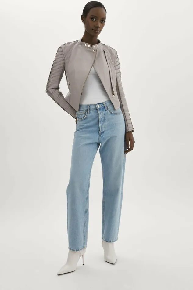 Azra Leather Biker Jacket Ash Grey Women Lamarque LEATHER JACKETS