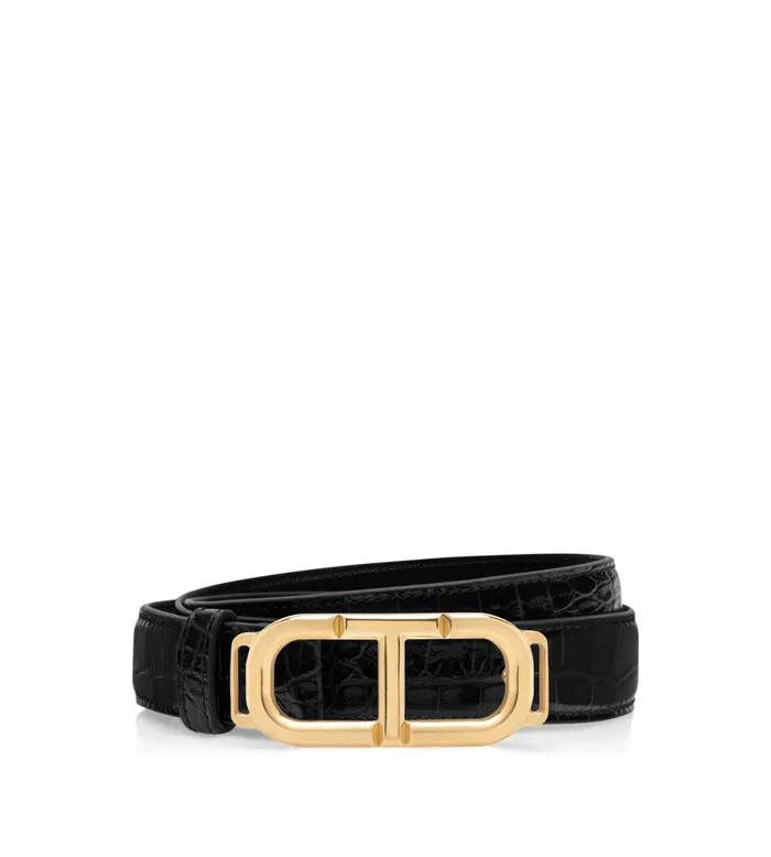 Belts Women TOM FORD SHINY STAMPED CROCODILE LEATHER WHITNEY BELT Black