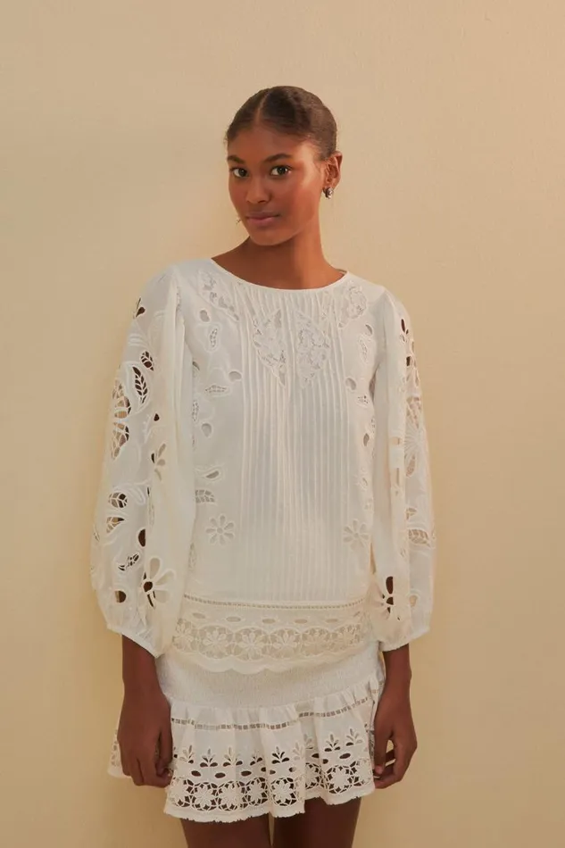 Blouses Women FARM Rio White Richelieu Short Sleeve Blouse