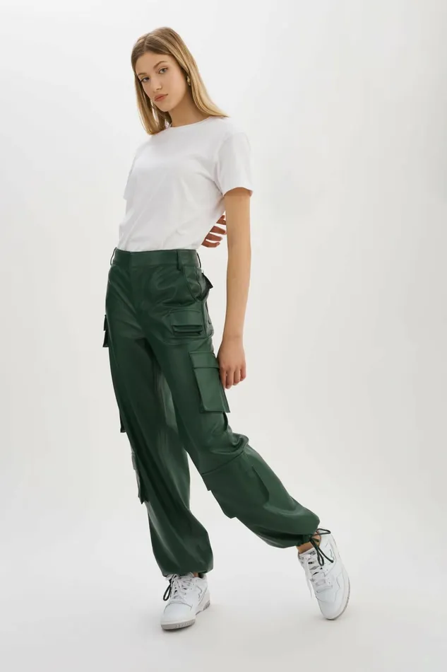 Bobbi Faux Leather Cargo Pants Alpine Green Women Lamarque PANTS