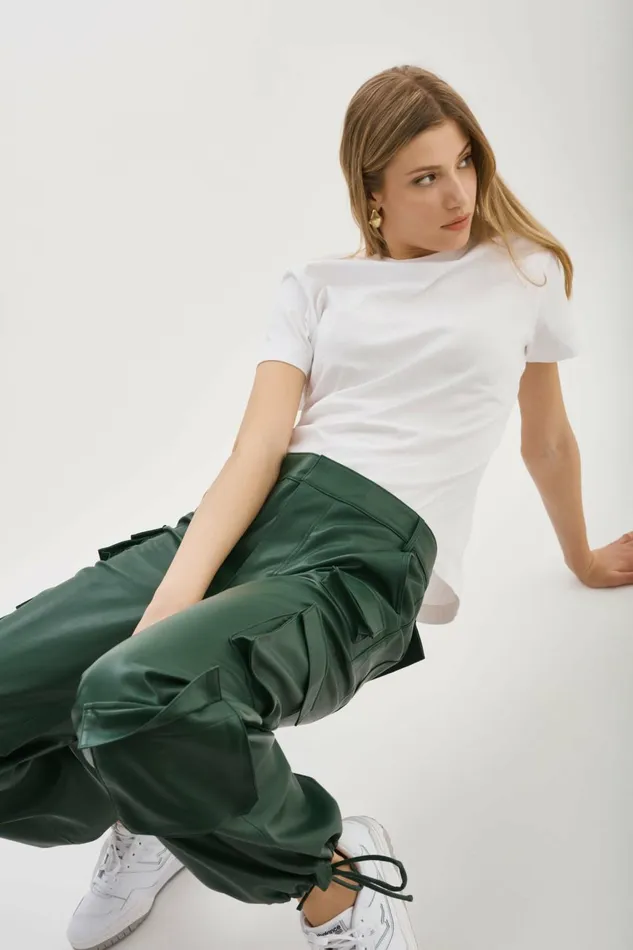 Bobbi Faux Leather Cargo Pants Alpine Green Women Lamarque PANTS