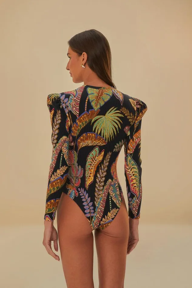 Bodysuits Women FARM Rio Cool Foliage Black Bodysuit Bodysuits Women FARM Rio Cool Foliage Black Bodysuit