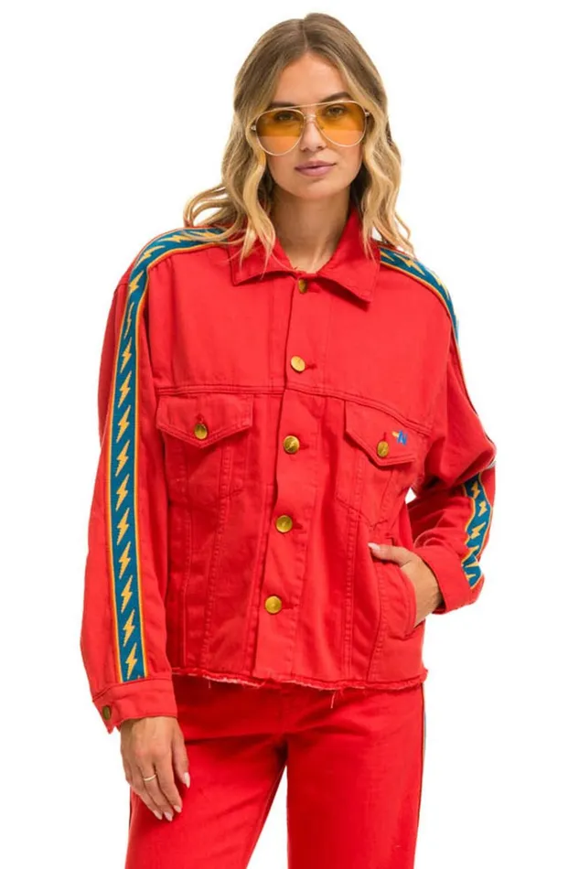 BOLT STRIPE OVERSIZED CUTOFF DENIM JACKET 8211 RED Women Aviator Nation Denim