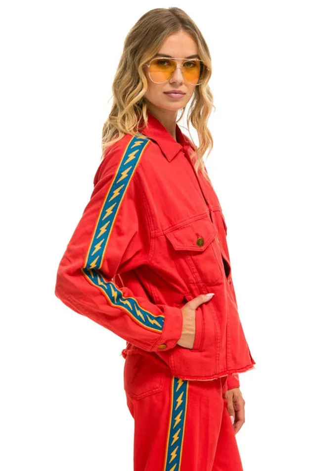 BOLT STRIPE OVERSIZED CUTOFF DENIM JACKET 8211 RED Women Aviator Nation Denim