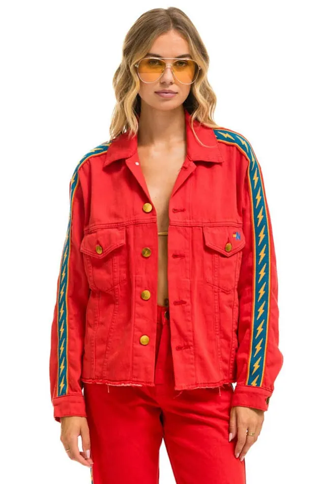 BOLT STRIPE OVERSIZED CUTOFF DENIM JACKET 8211 RED Women Aviator Nation Denim