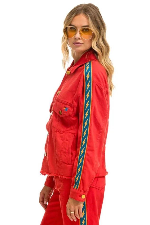 BOLT STRIPE OVERSIZED CUTOFF DENIM JACKET 8211 RED Women Aviator Nation Denim
