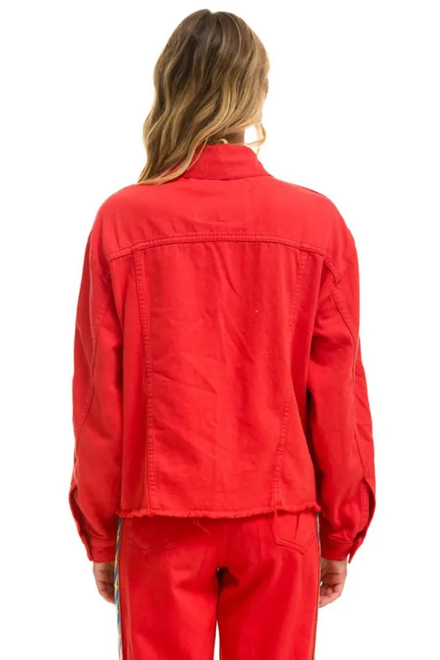 BOLT STRIPE OVERSIZED CUTOFF DENIM JACKET 8211 RED Women Aviator Nation Denim