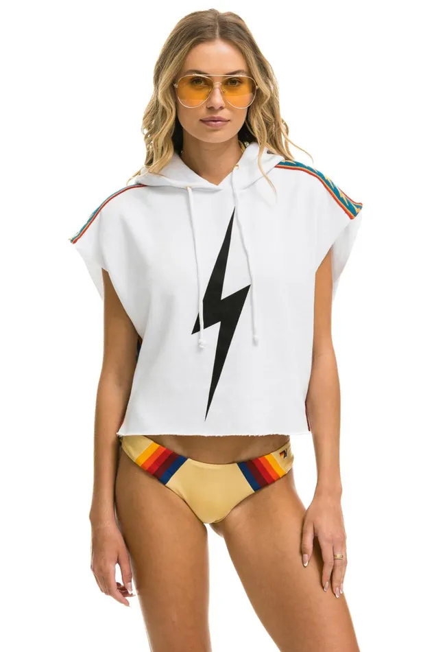 BOLT STRIPE SLEEVELESS RELAXED CROPPED PULLOVER HOODIE 8211 WHITE Women Aviator Nation Hoodies