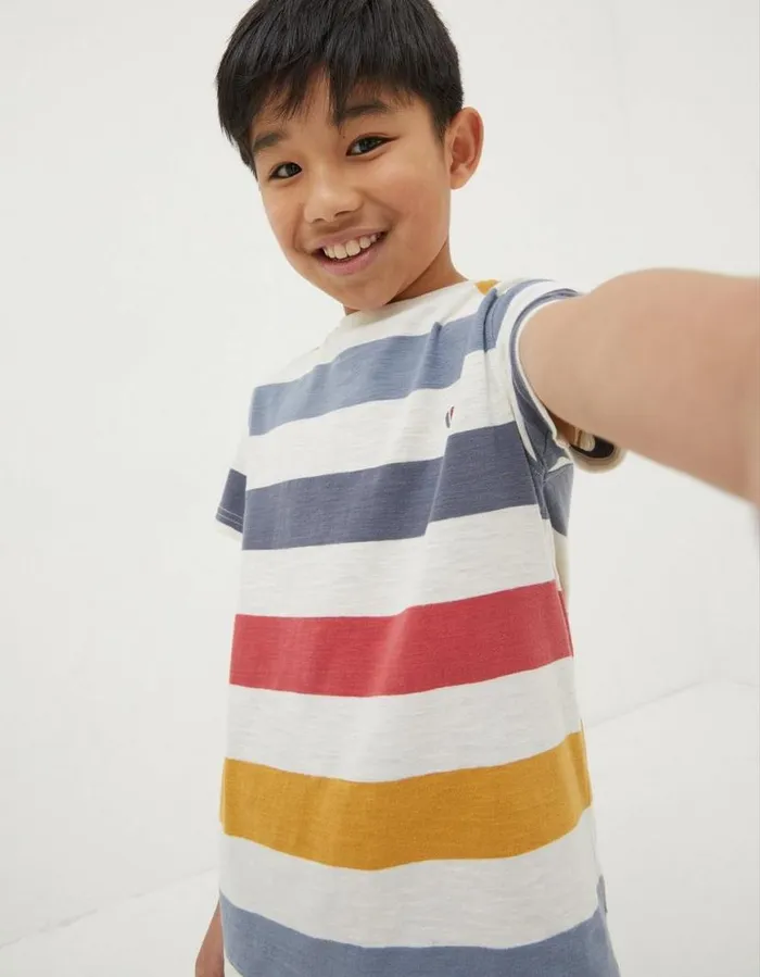 Boys TShirts and Polos FatFace Multi Block Stripe TShirt Natural White