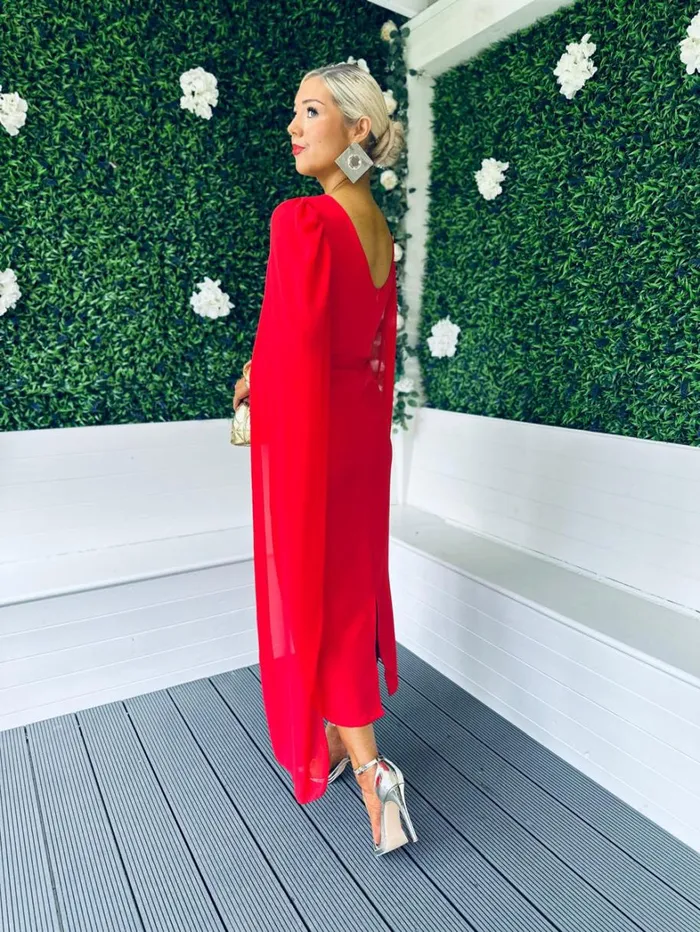 Camilla Cape Detail Occasion Dress Red Womens Canella Lane Maxi