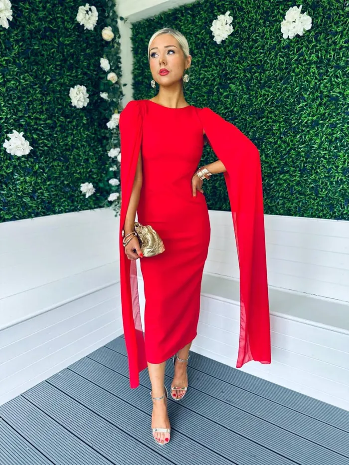 Camilla Cape Detail Occasion Dress Red Womens Canella Lane Maxi