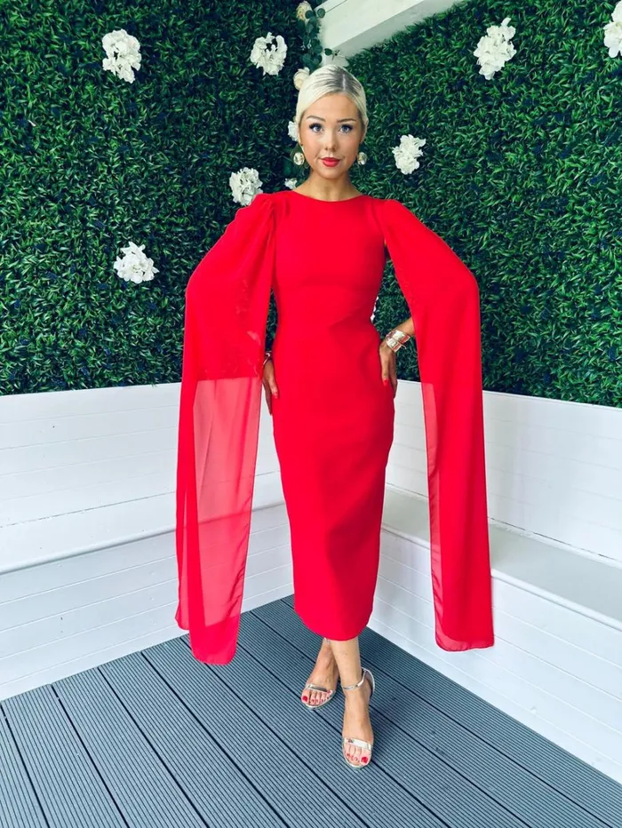 Camilla Cape Detail Occasion Dress Red Womens Canella Lane Maxi