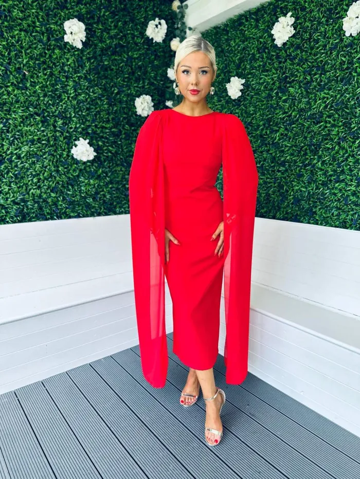 Camilla Cape Detail Occasion Dress Red Womens Canella Lane Maxi