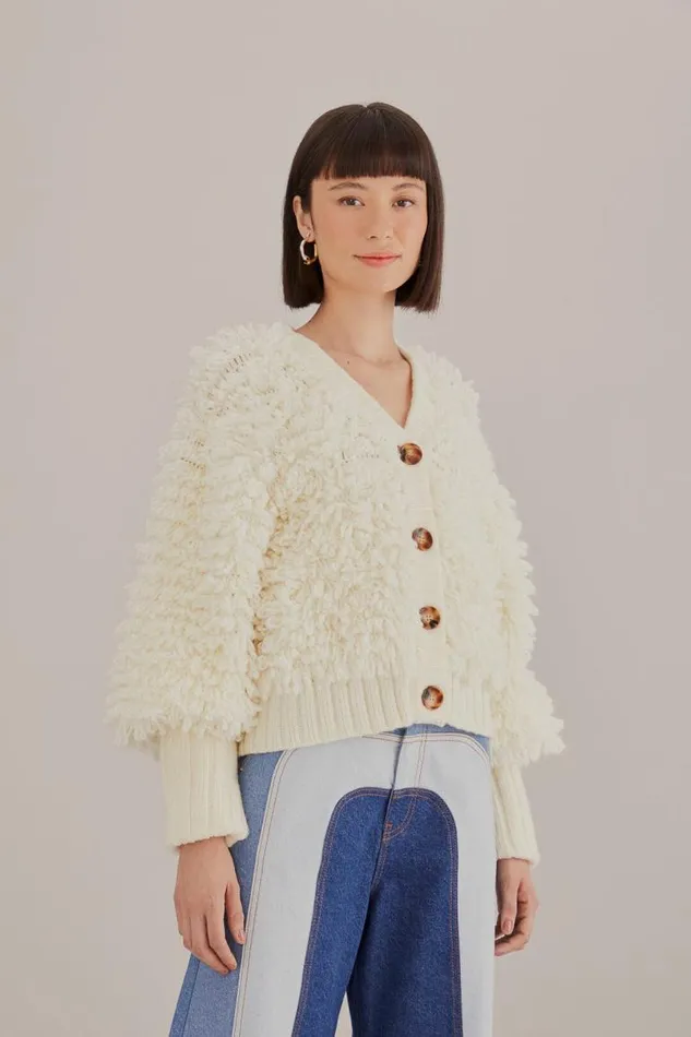 Cardigans Women FARM Rio OffWhite Textured V Neck Cardigan