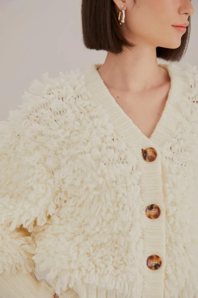 Cardigans Women FARM Rio OffWhite Textured V Neck Cardigan