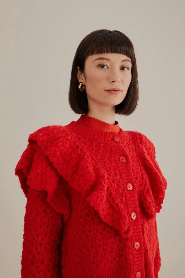 Cardigans Women FARM Rio Red Flower Texture Knit Cardigan