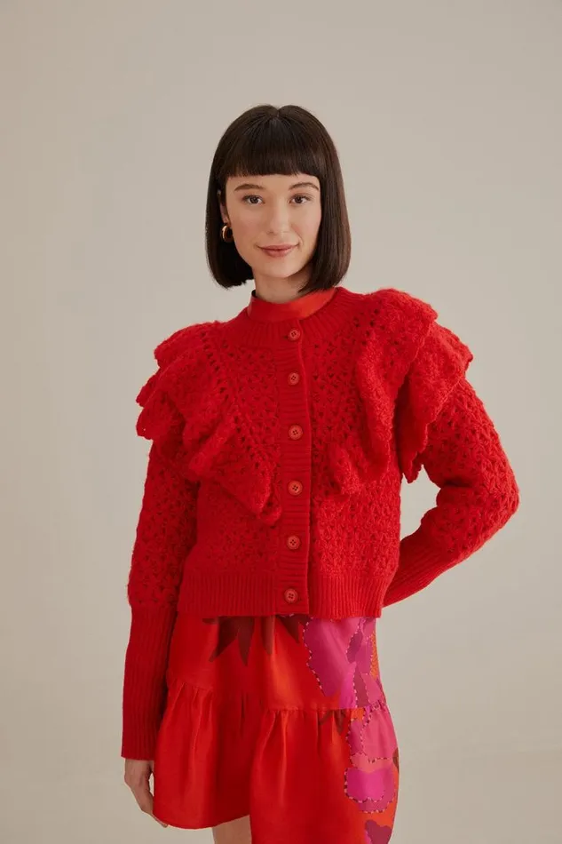 Cardigans Women FARM Rio Red Flower Texture Knit Cardigan Cardigans Women FARM Rio Red Flower Texture Knit Cardigan