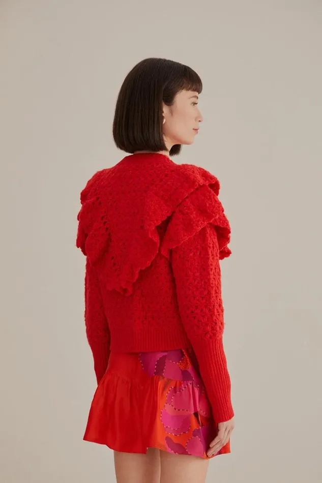 Cardigans Women FARM Rio Red Flower Texture Knit Cardigan Cardigans Women FARM Rio Red Flower Texture Knit Cardigan