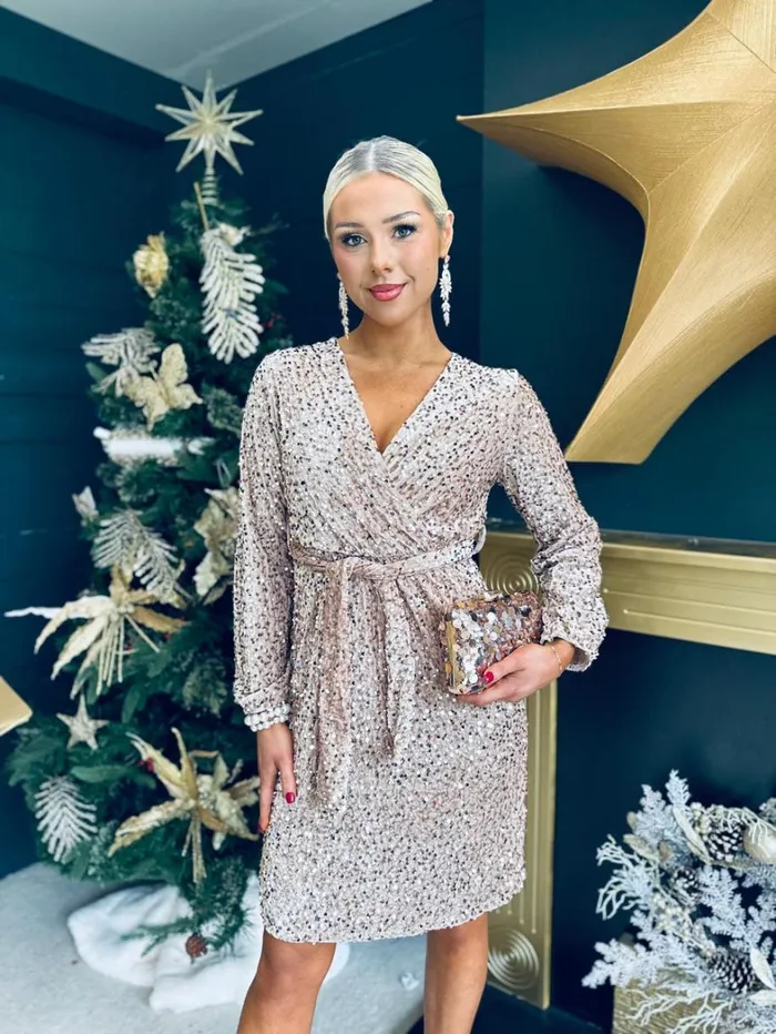 Carly Velvet Sequin Mini Dress Beige Womens Canella Lane Evening Dress