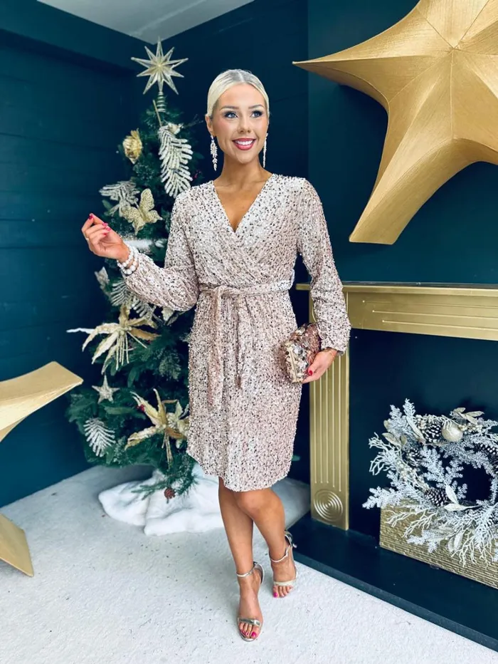 Carly Velvet Sequin Mini Dress Beige Womens Canella Lane Evening Dress