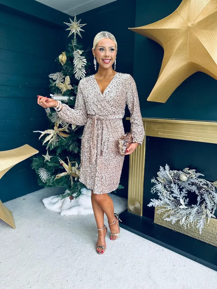 Carly Velvet Sequin Mini Dress Beige Womens Canella Lane Evening Dress