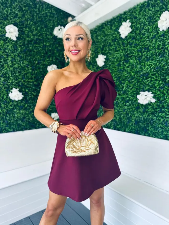 Caroline One Shoulder Occasion Mini Dress Burgundy Womens Canella Lane Mini