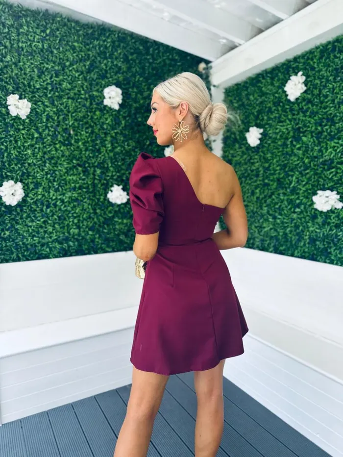 Caroline One Shoulder Occasion Mini Dress Burgundy Womens Canella Lane Mini