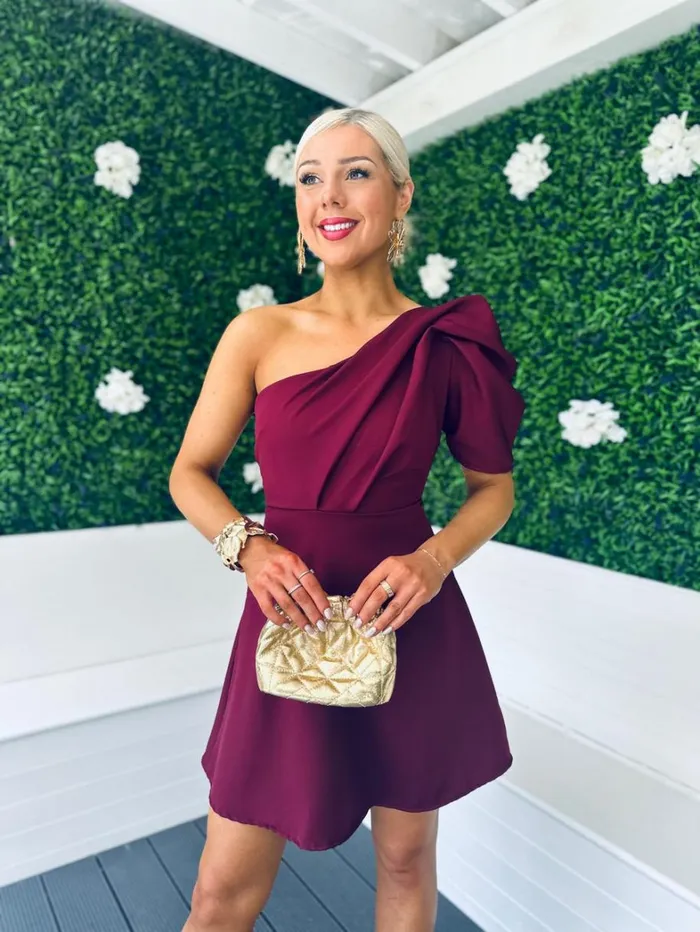 Caroline One Shoulder Occasion Mini Dress Burgundy Womens Canella Lane Mini