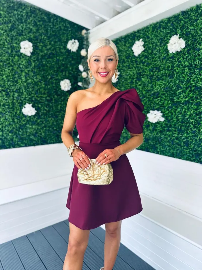Caroline One Shoulder Occasion Mini Dress Burgundy Womens Canella Lane Mini
