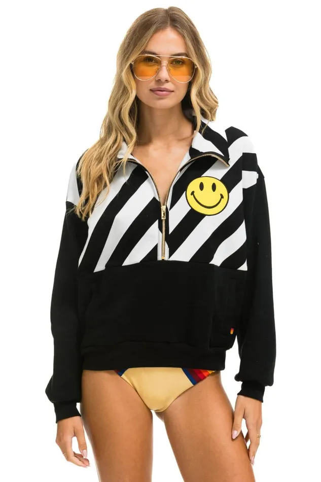 CAUTION SMILEY 2 EMBROIDERY FLEECE HALF ZIP SWEATSHIRT 8211 BLACK WHITE Women Aviator Nation Sweatshirts CAUTION SMILEY 2 EMBROIDERY FLEECE HALF ZIP SWEATSHIRT 8211 BLACK WHITE Women Aviator Nation Sweatshirts