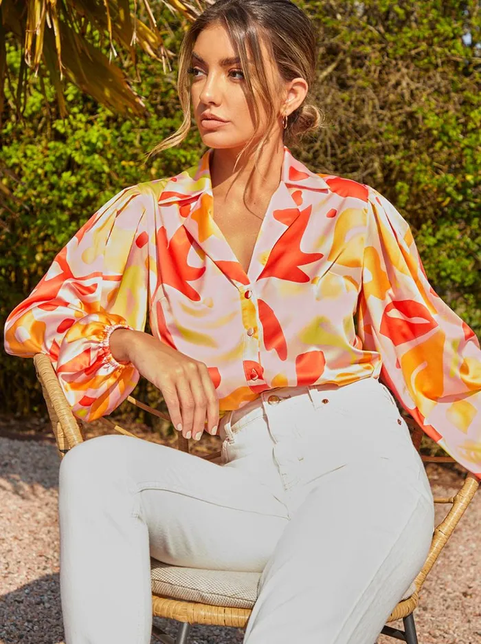 Chi Chi London Abstract Print Satin Shirt In Orange Women Tops