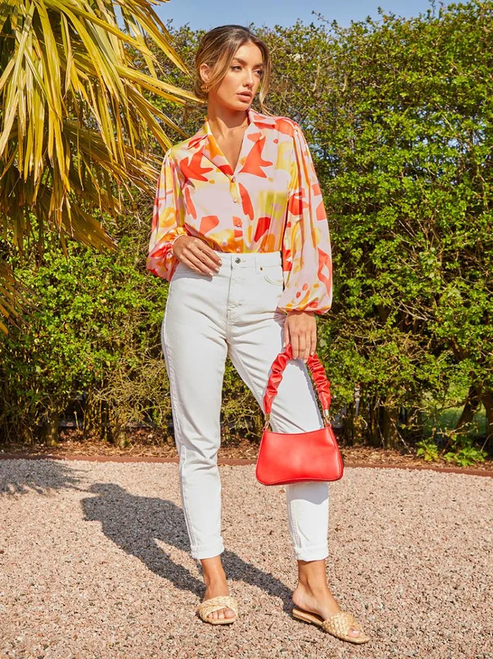 Chi Chi London Abstract Print Satin Shirt In Orange Women Tops