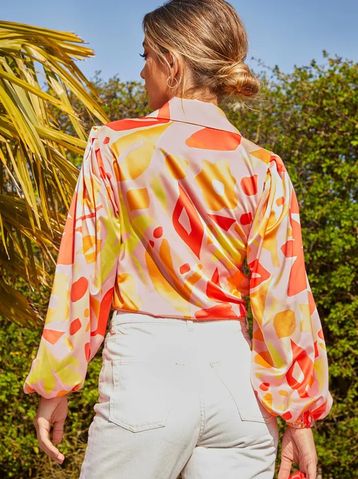 Chi Chi London Abstract Print Satin Shirt In Orange Women Tops