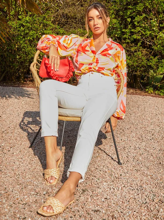 Chi Chi London Abstract Print Satin Shirt In Orange Women Tops