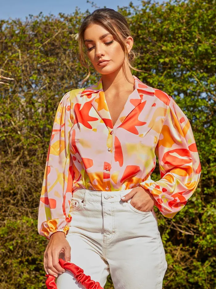 Chi Chi London Abstract Print Satin Shirt In Orange Women Tops