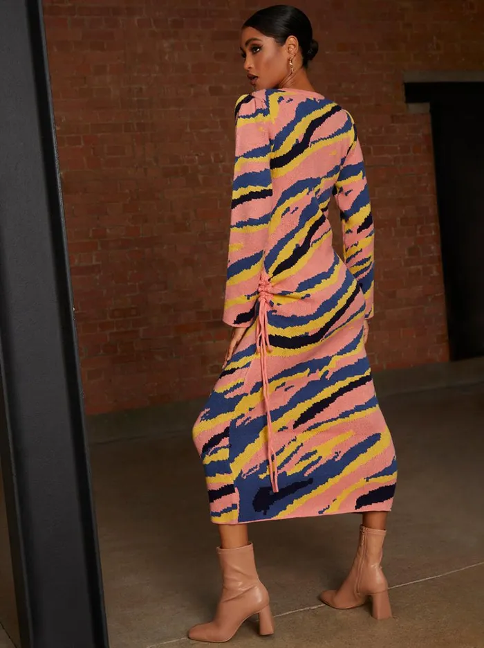 Chi Chi London Abstract Stripe Ruched Side Knitted Midi Dress In Multi Women Jumper Dresses