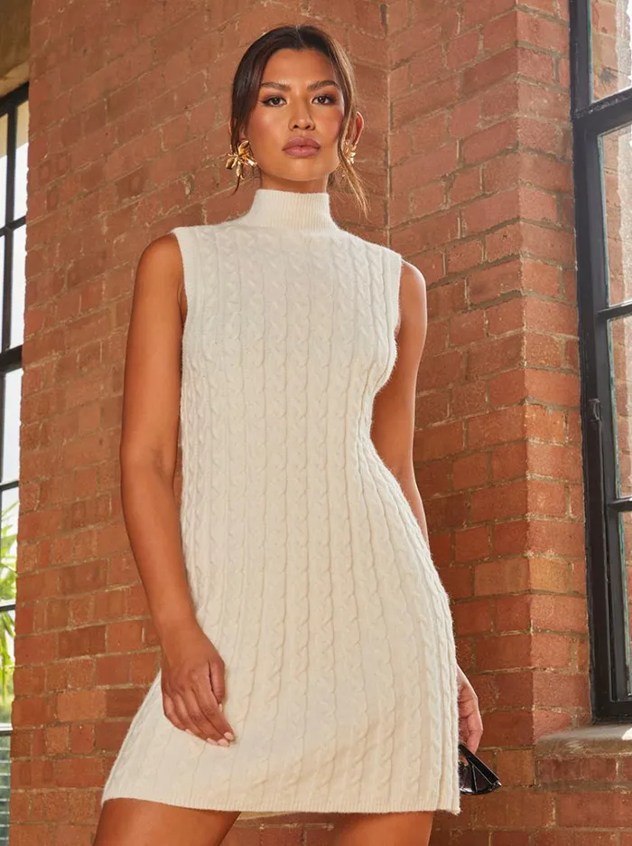 Chi Chi London AllOver Knitted Cable High Neck Mini Dress In Cream Women Jumper Dresses
